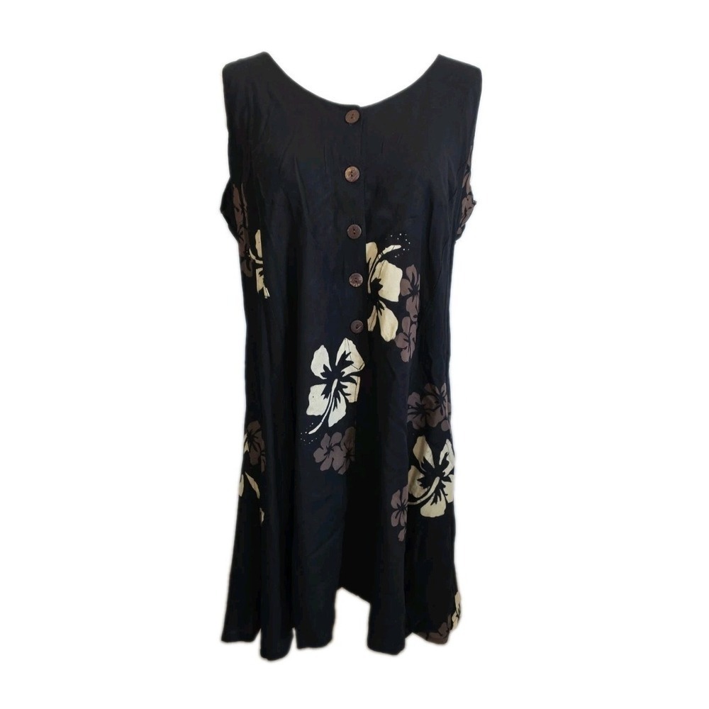 NaPua Collection Honolulu Black Hibiscus Floral Hawaiian Dress Button L Resort